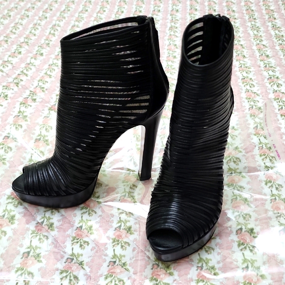 Prada 💎 Sexy Mesh Straps Booties Black Heeled Chunky Platform Ankle Boots 37 7 - Picture 1 of 16